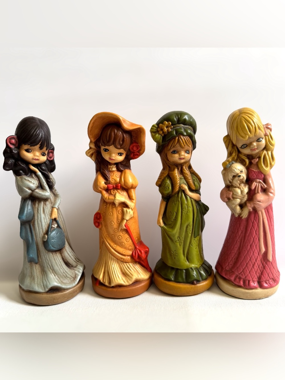 Vintage Big Eyed Girl Chalkware Figurines Set of 4 MCM Kitsch 1970s Shelf Decor